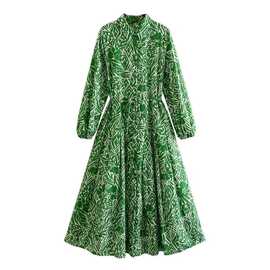 外贸批发2023欧美风春女装新款长袖绿色印花衬衫式连衣裙长款