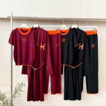 外贸欧美宽松大码针织长款开衫外套套头拼色上衣阔腿裤简约三件套