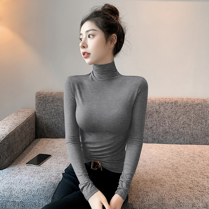 黑色一体式高领螺纹打底衫女内搭新款修身百搭洋气纯色长袖女t恤