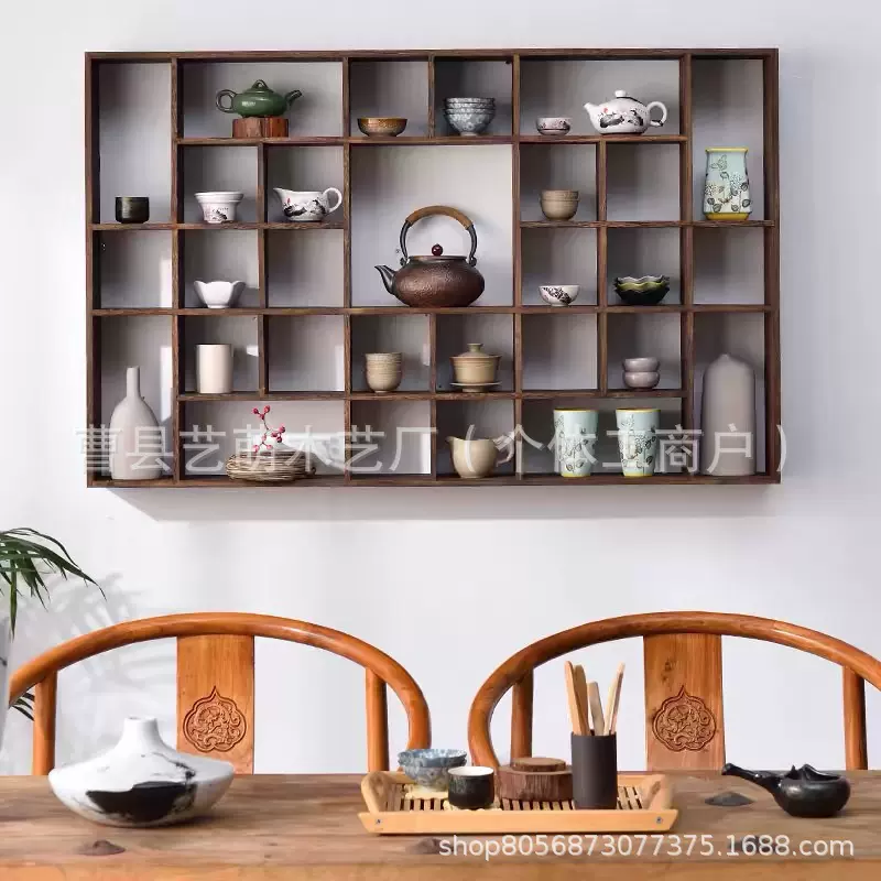 现货烧桐木博古架实木茶杯架茶壶茶具架置物架壁挂中式复古多宝阁