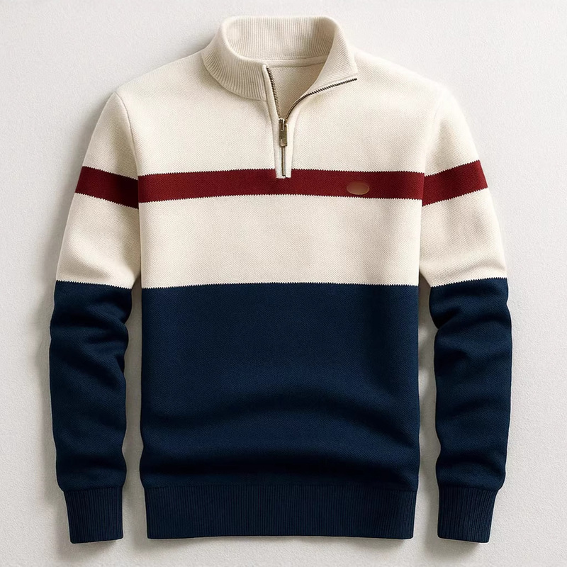 Cross-Border Business Stand-Collar Knitwear Half-Zip Long-Sleeve T-Shirt European and American Color-Block Pullover Sweater Quality Foreign Trade Men's Clothing