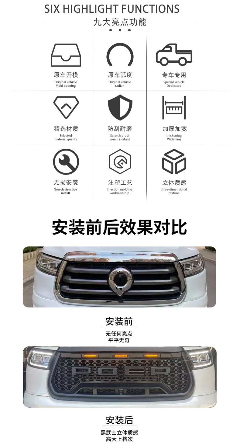 Suitable for 19-26 Models of Passenger Vehicles, Black Warrior Off-Road Grille Modification with Lights and Lettering, Poer Replacement Grille