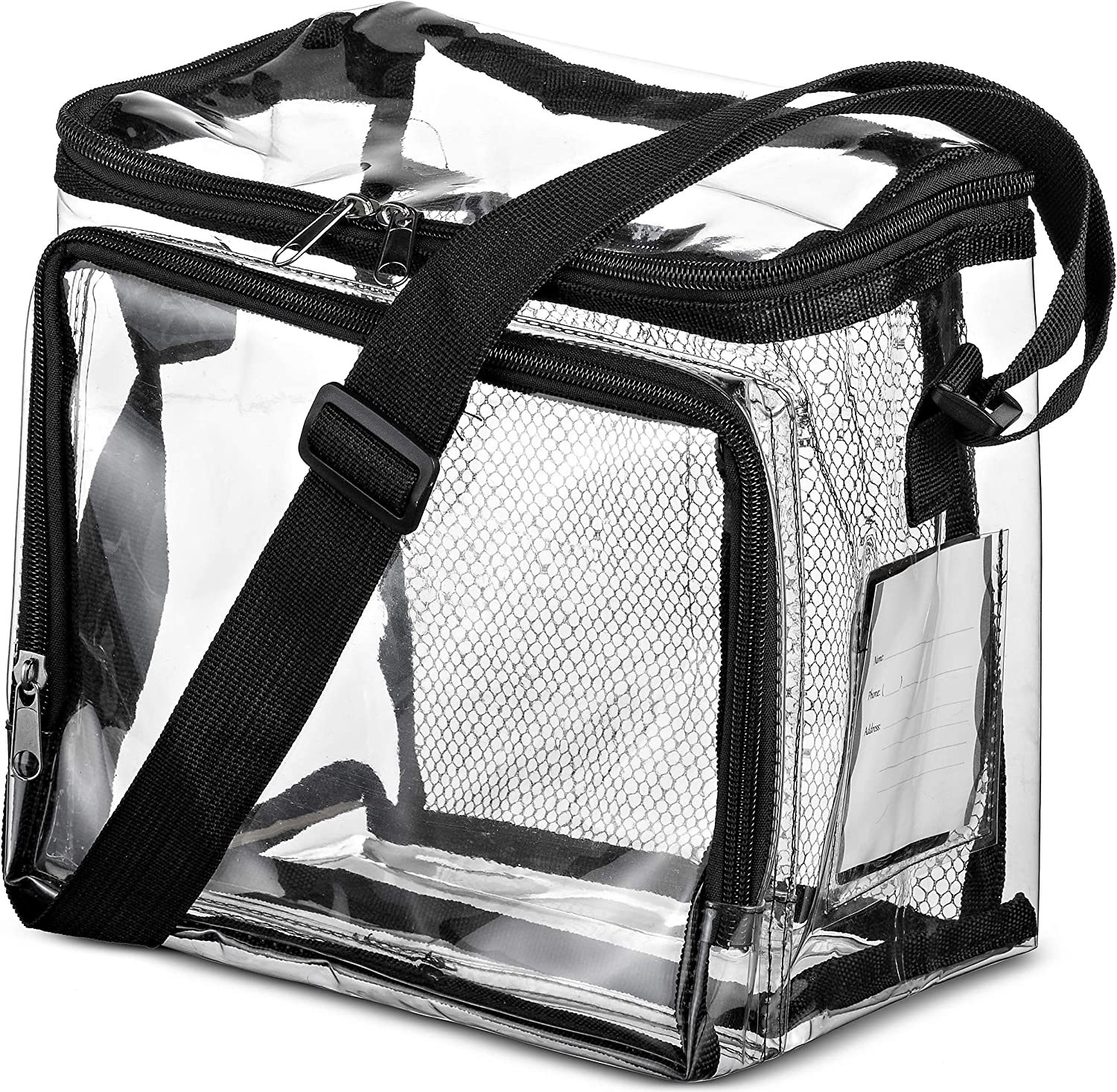 PVC Transparent Adjustable Strap Front Storage Compartment Mesh Pocket Outdoor Lunch Bag_voghion.com