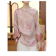 2025春季新款大码女装国风新中式印花长袖衬衣高档气质盘扣衬衫女