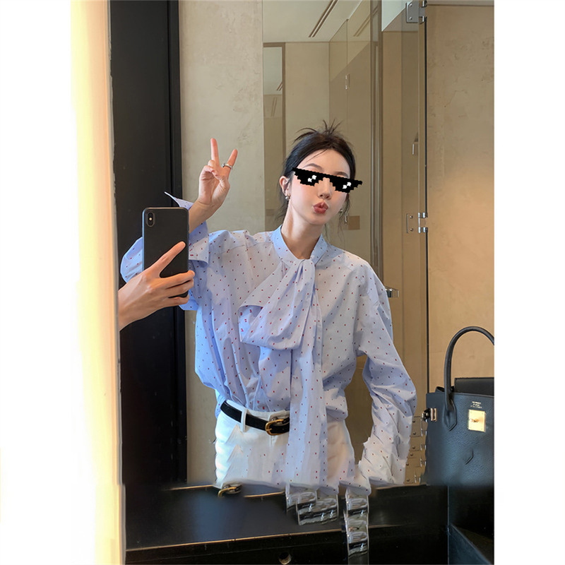 Ouyang Asymmetrical Bow Tie Jacquard Shirt Women's Summer Design Niche Long-Sleeved Shirt Loose Top