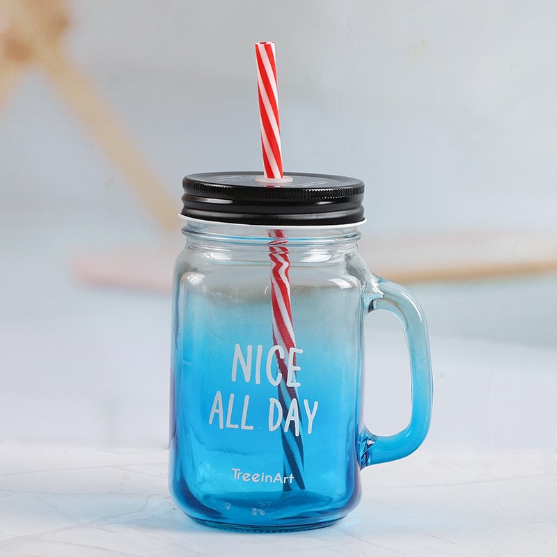 Fábrica al por mayor Polla taza Internet celebridad gradiente color Mason taza paja vidrio taza con mango fútbol taza de agua