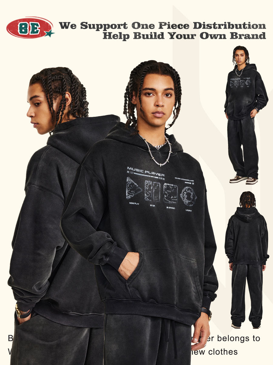 Be Hombres| 2025 otoño americano vibe lavado hace vieja impresión de marca de moda chaqueta con capuz suelta ropa pesada image 2
