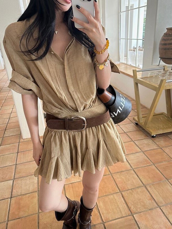 Women's Shirt Dress, New Summer Style, Fake Two-Piece Spliced Short-Sleeved Shirt, Pleated Short Skirt, Commuting Style Women's Shirt Dress, New Summer Style, Fake Two-Piece Spliced Short-Sleeved Shirt, Pleated Short Skirt, Commuting Style