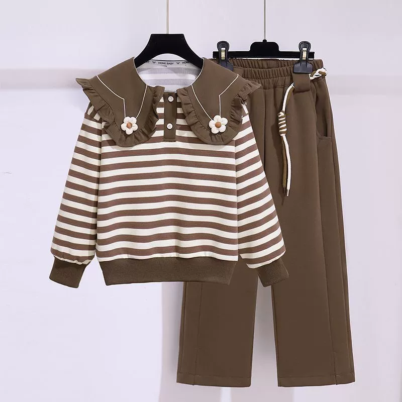 Детский костюм для девочек весна 2025, новый стиль, полосатый свитшот, модная одежда весна-осень, спортивный двухкомпонентный комплект