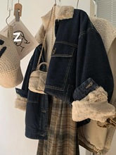 法式复古仿羊羔毛加绒加厚牛仔外套女冬季慵懒风宽松厚款保暖上衣