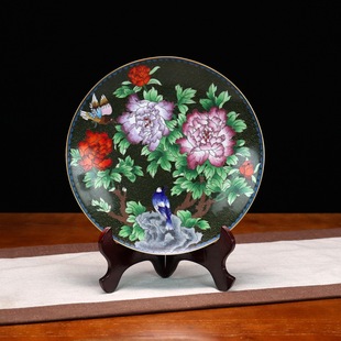 Beijing cloisonne old goods Wen play collection ornaments traditional copper tire cloisonne enamel polished 10 inch flower and bird plate