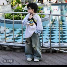 男童春装新款拼接印花上衣牛仔裤套装2026韩版潮流两件套雨琦同款