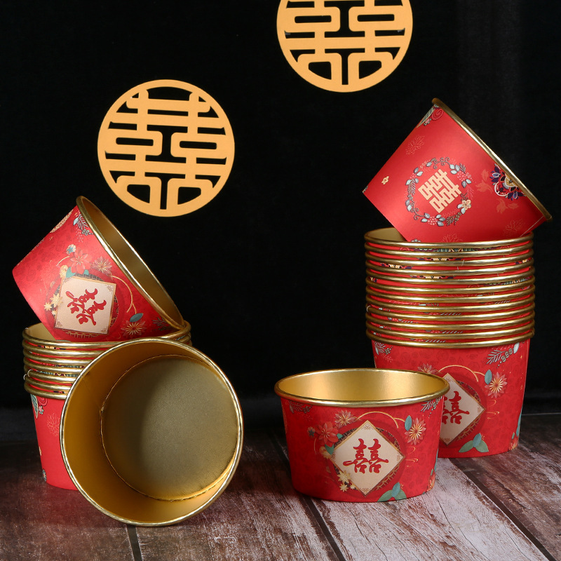 Disposable Bowl Wedding Gold Foil Paper Bowl Thickeneded Wedding Banquet Wedding Red Round Rice Bowl Wedding Luxury Paper Bowl Wholesale
