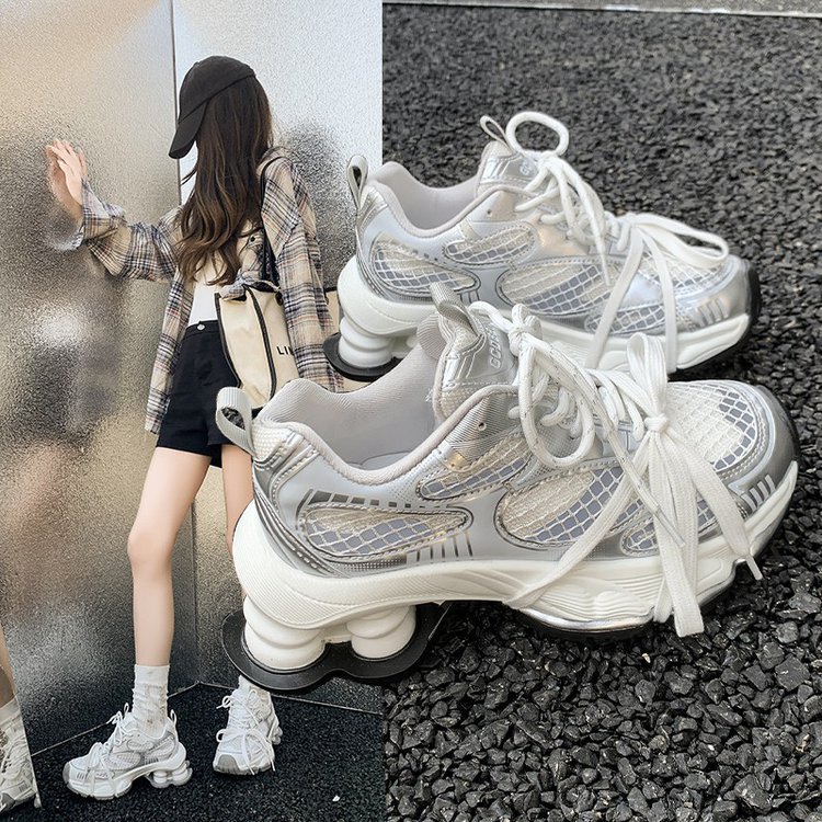 Genuine Leather Thick-Soled Dad Shoes for Women, 2026 Spring New Model, Breathable Mesh Casual Sneakers, Comfortable and Versatile