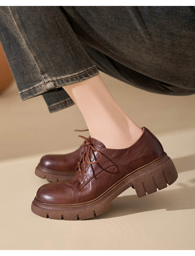 Giày nữ đế xuồng platform da bò đánh bóng phong cách vintage, gót 4 cm — màu nâu chi tiết 1