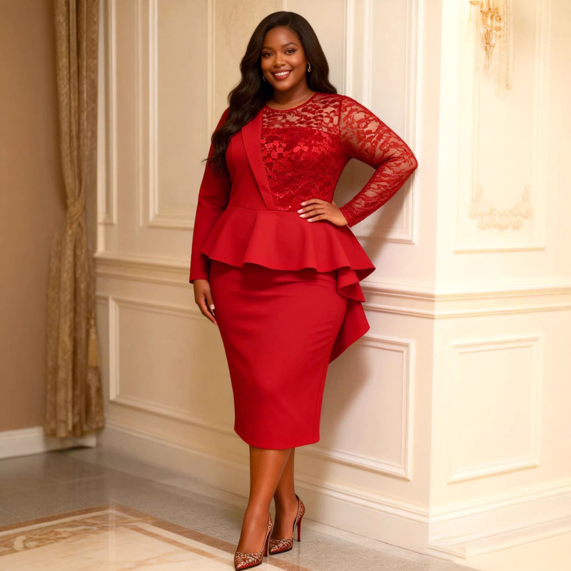 Plus-Size Women's Red Lace Long-Sleeve Dress with Ruffled Waist, Slimming Effect, Wedding Guest Mother's Dress Plus-Size Women's Red Lace Long-Sleeve Dress with Ruffled Waist, Slimming Effect, Wedding Guest Mother's Dress