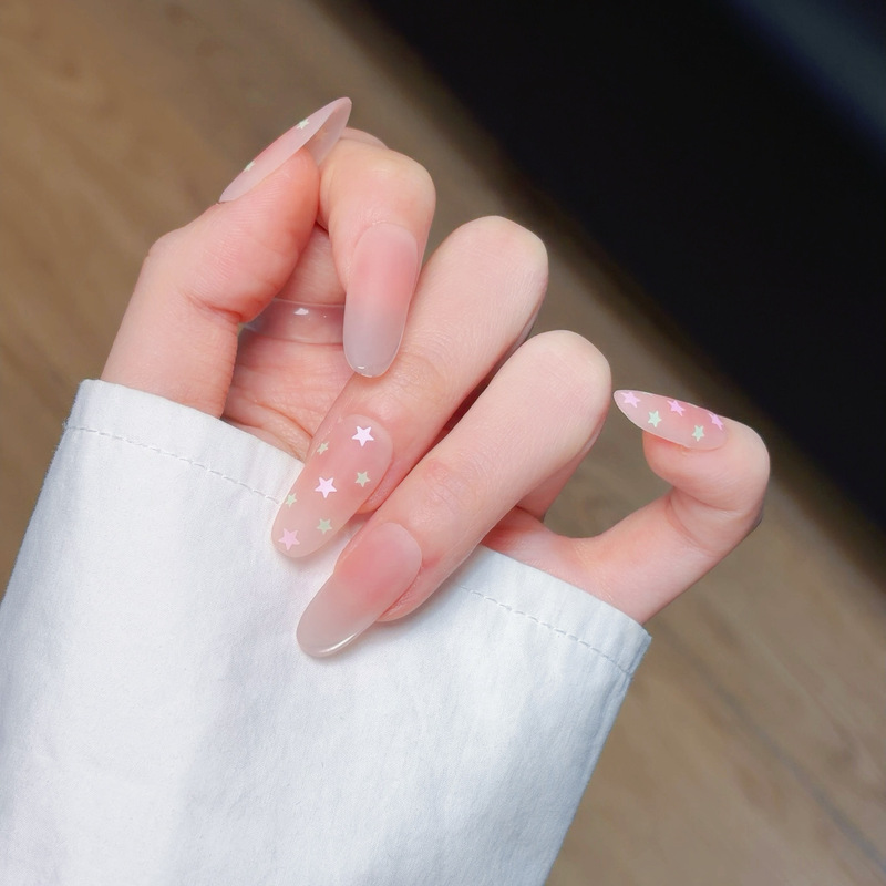 Cai Ta - [Mist Pink Starlight] Nude Pink Blush Gradient Pink-Green Star Long Ballet Nails Finished Nail Pieces for Girls
