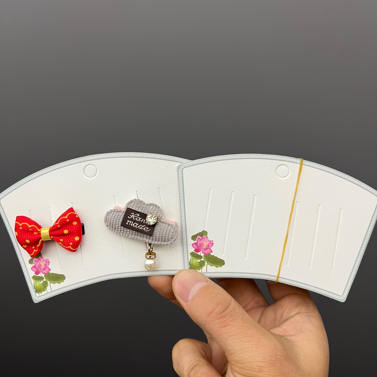 荷叶绿古风红国潮扇子包装卡纸中国红地摊直播发夹发卡吊牌卡片