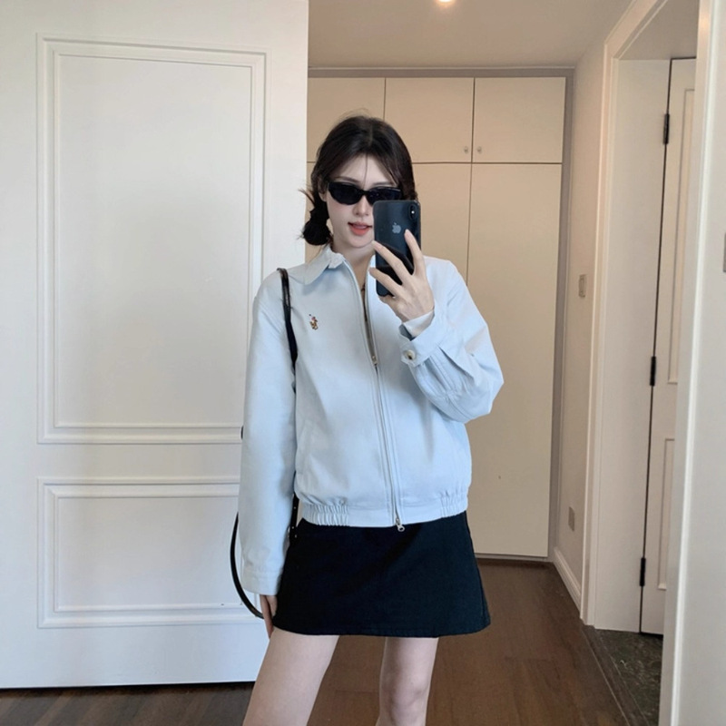 American Retro Embroidered Lapel Work Jacket for Women Early Autumn New Style Lazy Casual Loose Double Zipper Jacket Cardigan