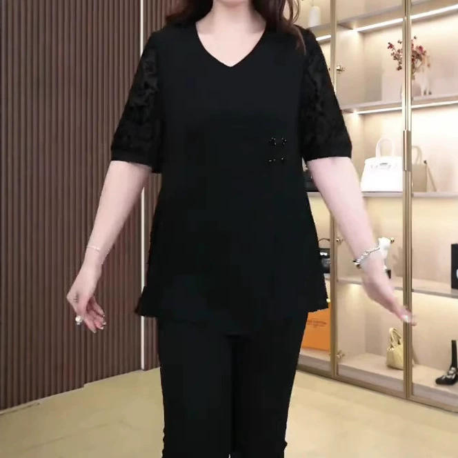 2025 Летняя новая пряжка Новый китайский ретро красный интернет тот же кружевной шифоновый рубашка топ толстая мама женская одежда