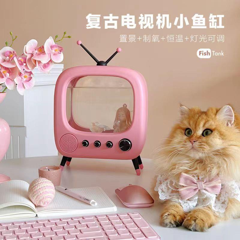 复古猫咪电视机鱼缸斗鱼缸小型桌面鱼缸少女心小米儿童鱼缸迷你版|undefined