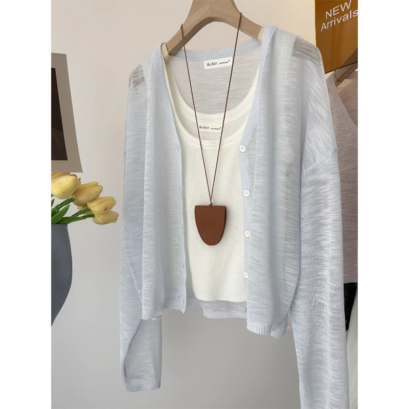Light Blue V Neck Casual Lazy Style Air-Conditioned Sun Protection Cardigan for Women Summer Light Long-Sleeved Bamboo Linen Blouse Top