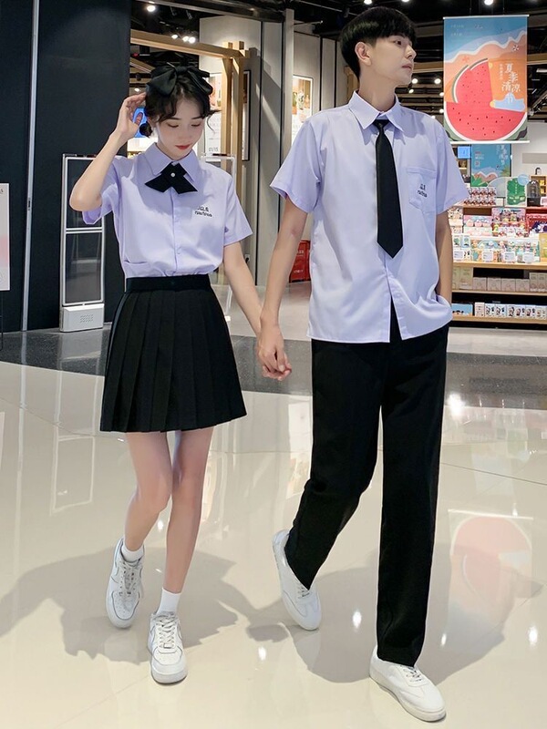 タイ制服学院風薄紫半袖学生クラス服jkシャツ女子児童襟上着百フリルスカートセット|undefined