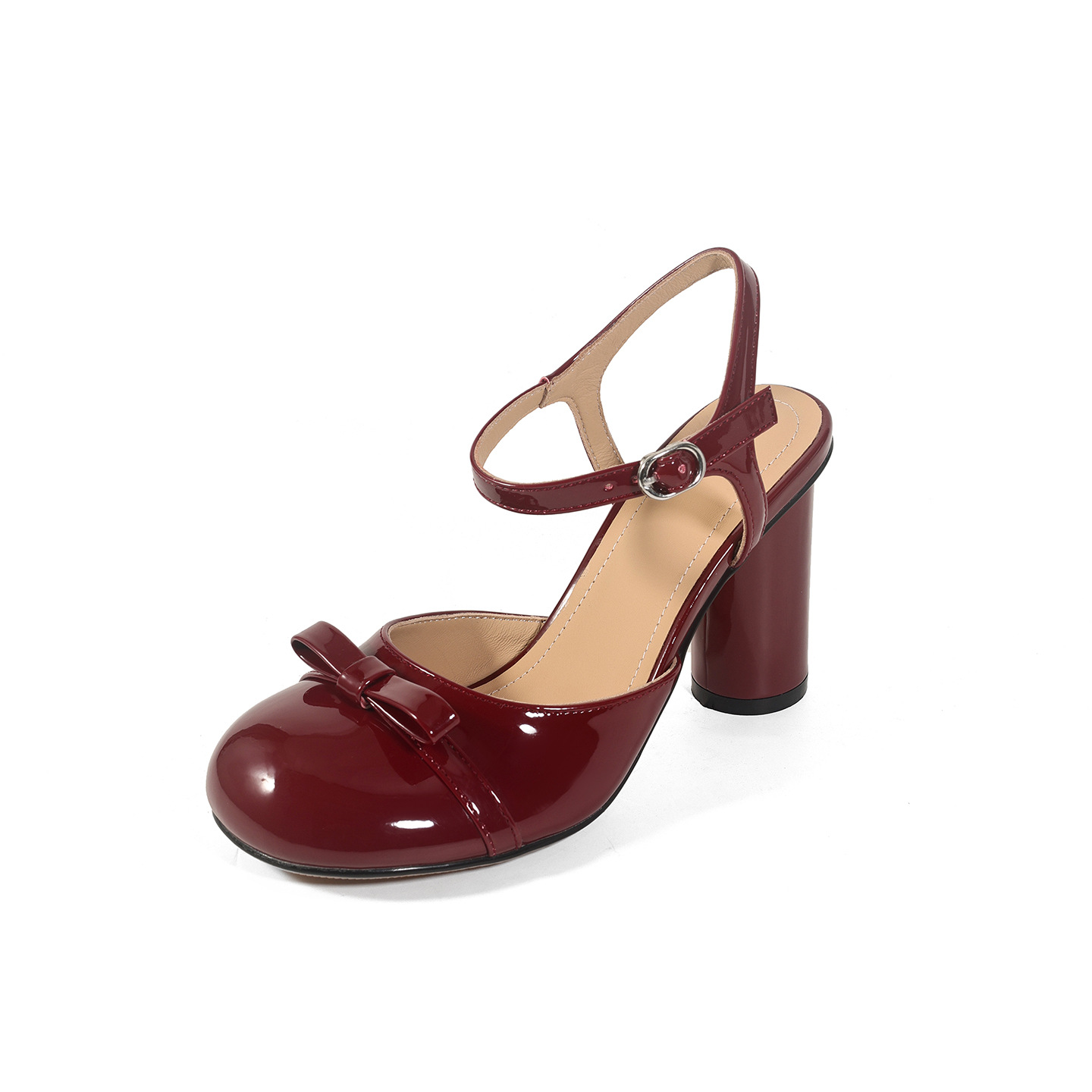Sandal cao gót nữ mũi nhọn quai ngang nơ bướm, gót vuông ổn định — màu đen, Rượu vang đỏ, màu mơ