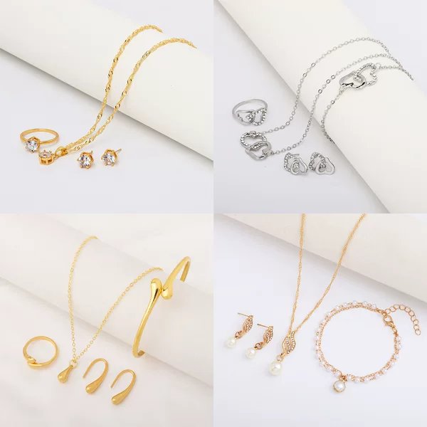 Set of European and American Simple Women's Versatile Double Love Jewelry Necklace Bracelet Earrings Bracelet Pendant Four-Piece Set