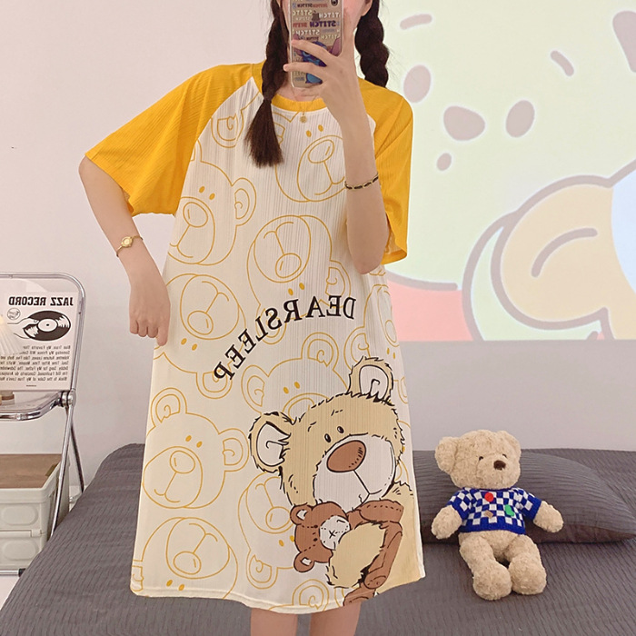 2023 camisón de verano cuello redondo de las mujeres de dibujos animados estudiante Delgado pijamas de manga corta