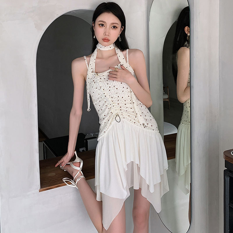 Dress For Women,Off-white Pleated Star Print,Irregular Mid-length Knitted Scarf,Hot Girl Backless Suspender Skirt