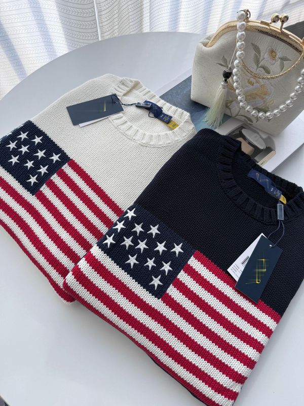 RL/スキャン可能 2025 秋冬新作ピュアコットンヘビーウェイト刺繍アメリカ国旗ラウンドネックニットセーター男性と女性用|undefined