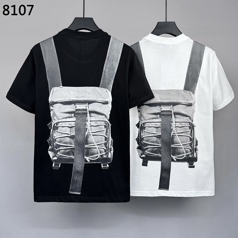 8107 Slightly Wide Loose OW Personalized Backpack Printed Trendy Brand Short-sleeved T-shirt Men's Crewneck Top Base Shirt Couple T