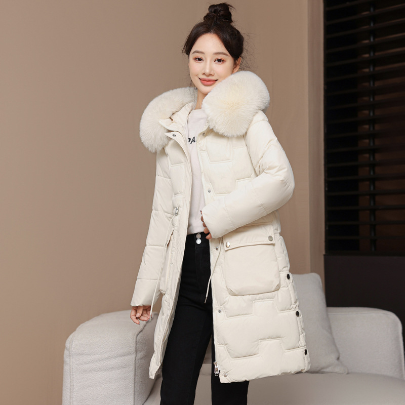 Algodón de invierno de mujer coreana chaqueta de algodón 2025 nuevo estilo coreano de cintura larga delgada chaqueta de algodón de cuello grande engrosado