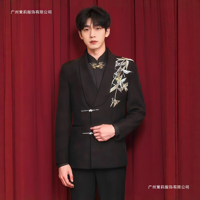 Chinese-Style Wedding Groom's Suit, Men's Clothing, Zhongshan Suit, Traditional and Modern Formal Attire for the Groom, Groomsmen, and Elders with Embroidery