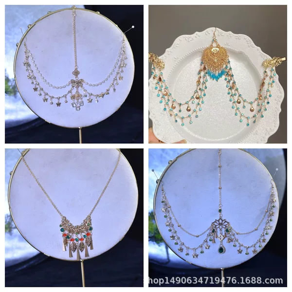 Exotic style alloy rhinestone tassel forehead chain hair accessory for women, Hanfu western Dunhuang style headpiece forehead chain