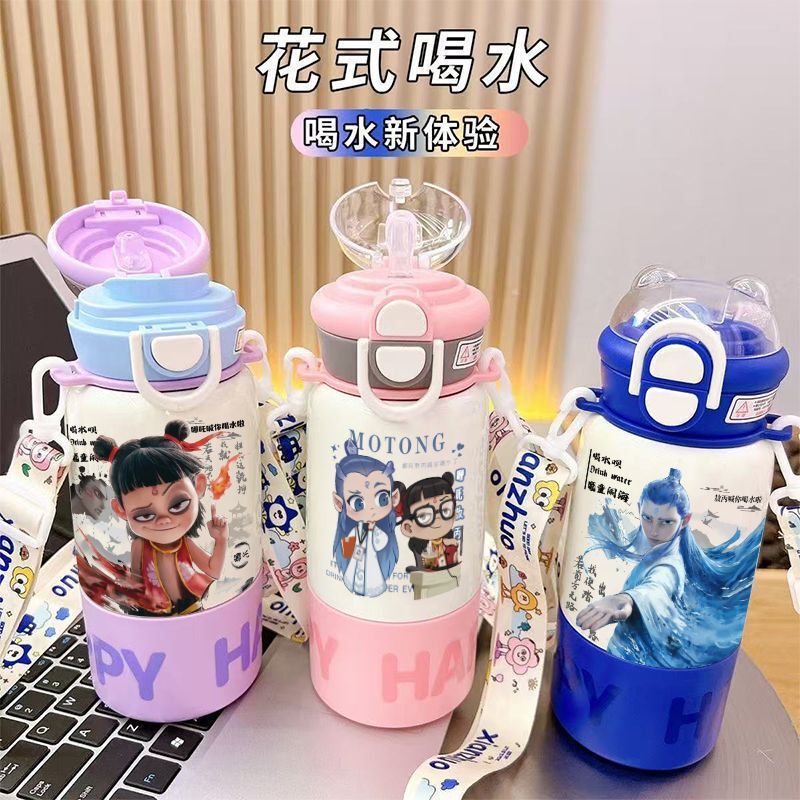 哪吒系列卡通保温杯不锈钢儿童水杯学生便携吸管挂绳大容新款|undefined