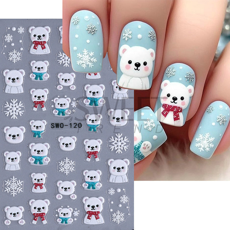 クロスボーダークリスマスネイルアートステッカー白い雪の結び目ガーランドクリスマスベルエンボス加工立体ネイルデカール|undefined
