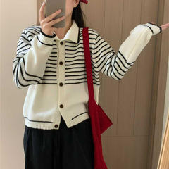 法式翻领条纹长袖针织衫女秋冬2025新款复古休闲宽松撞色毛衣外套