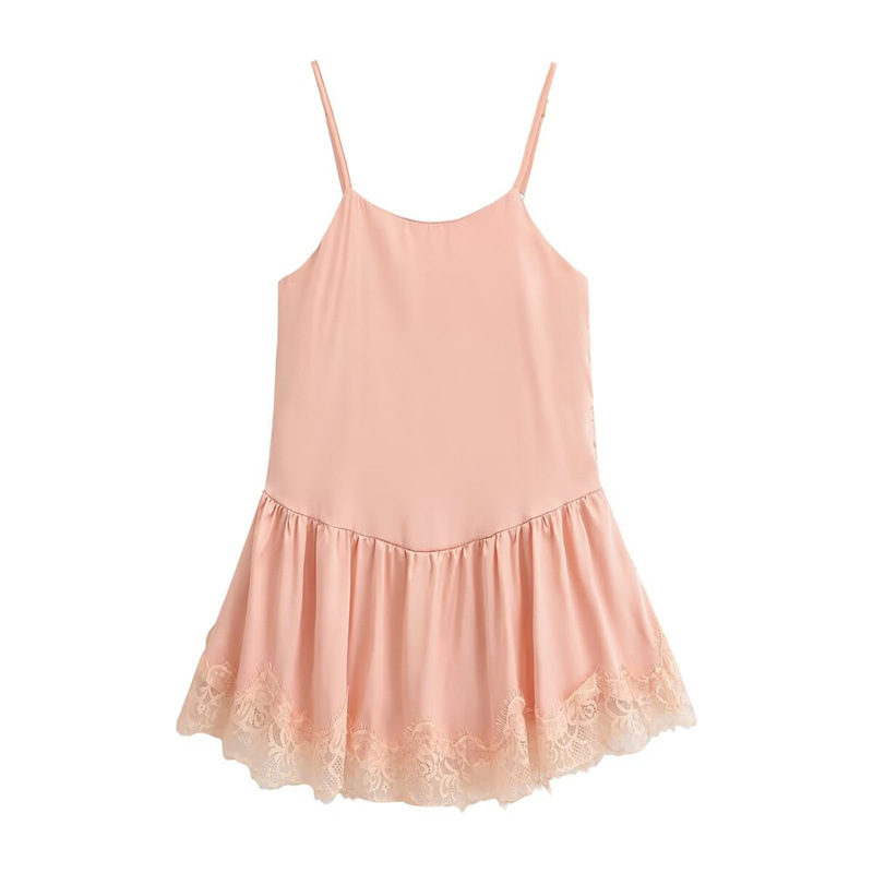 2026 Summer New European and American Style Fashion Women's Lace Detail Dress Solid Color Spaghetti Strap Short Dress with Lace Trim