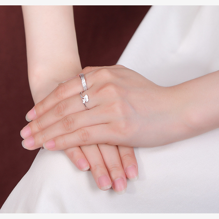 Nhẫn đôi bạc S925 hình lá bạch quả đơn giản tinh tế — Một cặp chi tiết 6
