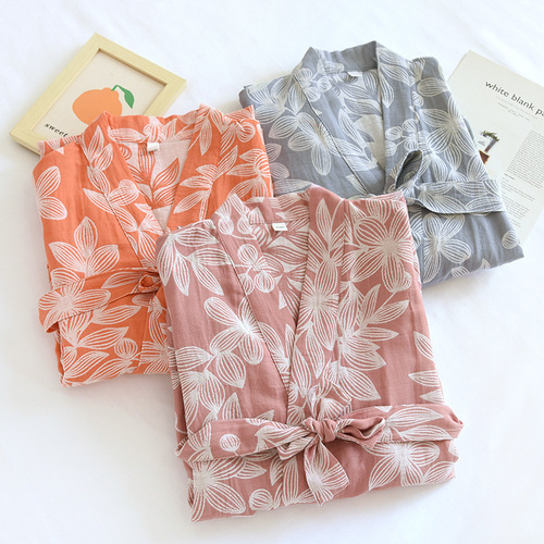 Women's pure cotton gauze nightgown, thin cotton jacquard pajamas, yukata, Japanese kimono steaming clothes, home clothes, nightgown