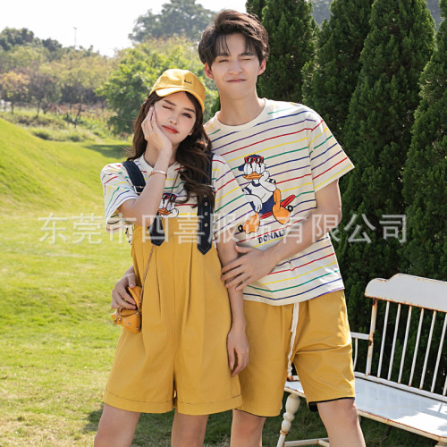 Children's cartoon short-sleeve T-shirt striped parent-child set summer dress mother and daughter overalls set family of four mother and son set trendy