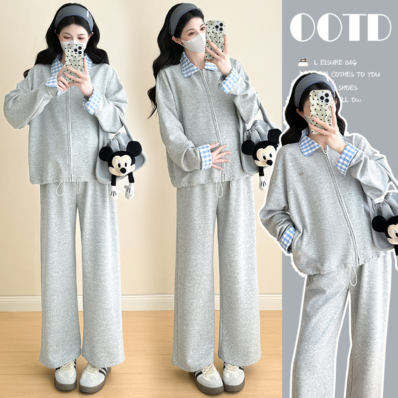 Real Shot of 2025 New Autum Maternity Wear Design Gray Suit Casual Sports Cardigan Zipper Two-Piece Set