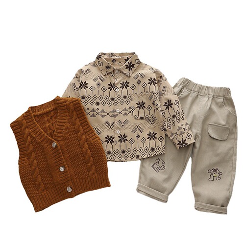 New Men's Autumn Long Sleeve Set 0-5 Years Old Boys Bamboo Style Vests Cardigans Children's Autumn Set of Three