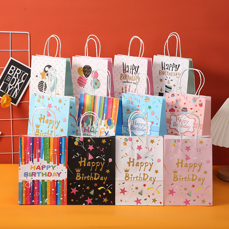 Bolsas de regalo al por mayor en stock serie de fiesta de cumpleaños bolsas de cartón cartón color arco iris bolsas de regalo de cumpleaños
