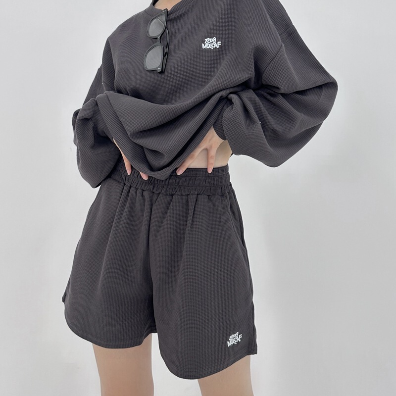 European and American Cross-Border Goods Waffle Suit Women's Autum 2025 New Sweatshirt Casual Sportswear Shorts Two-Piece Set