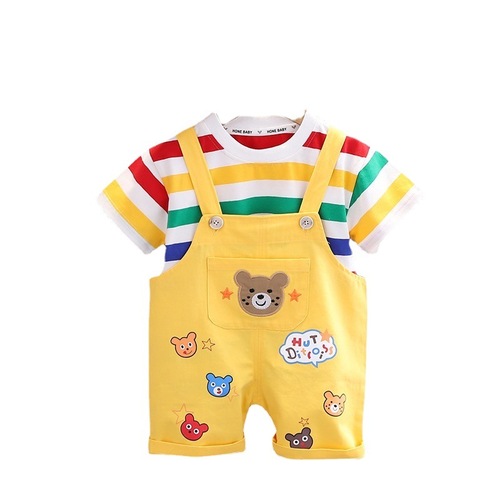  Summer New Boys' and Girls' Casual Hipster Overalls Two-Piece Set for Toddlers Striped Crew Neck Short Sleeve Outfit Dropshipping