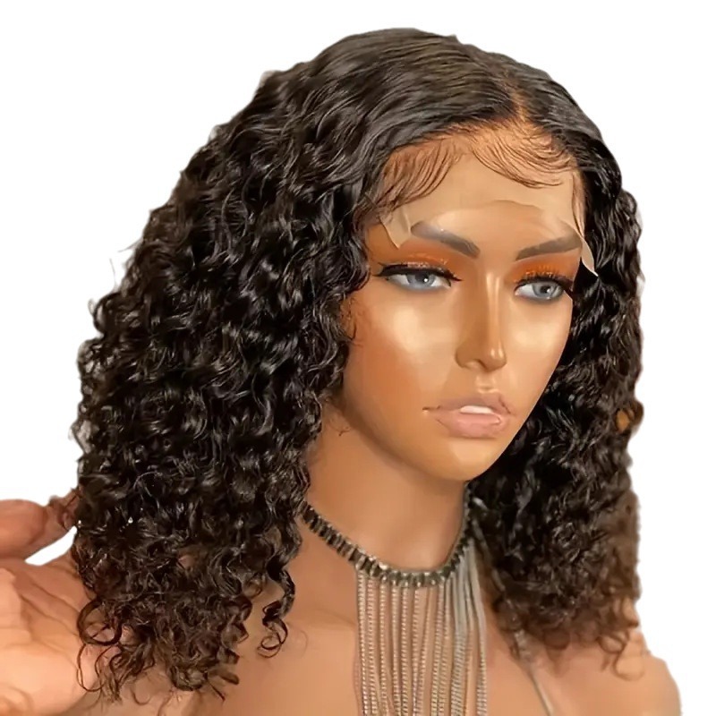 Nueva peluca de encaje estilo europeo y americano para mujer, corte bobo, negro natural, raya en medio, cabello corto rizado, fibra sintética, venta al por mayor.