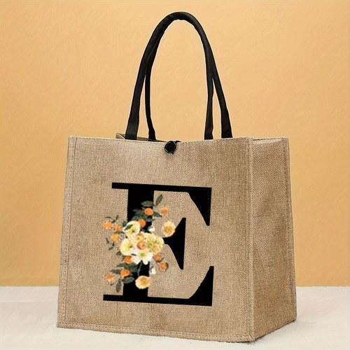 Large-capacity, trendy letter-printed tote bag—durable jute pouch, casual handbag perfect for students, commuters, and shopping trips.